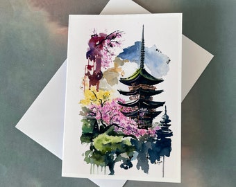 CHERRY BLOSSOM time in JAPAN - Watercolour print Greeting Card. Birthday, Mother's Day, Easter or your choice of text.