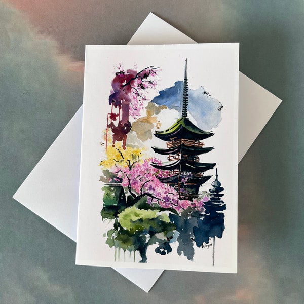 CHERRY BLOSSOM time in JAPAN - Watercolour print Greeting Card. Birthday, or your choice of text.