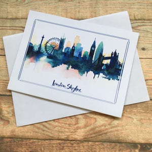 BLUE LONDON SKYLINE, Aquarell Druck Grußkarte, personalisiert, offen, Vatertag, jeden Anlass.  A6 oder A5 Größe