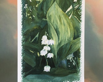 LILY of THE VALLEY, Greeting Card. Open, Birthday, Easter, Mother's Day or your choice. Print of an original watercolour painting.