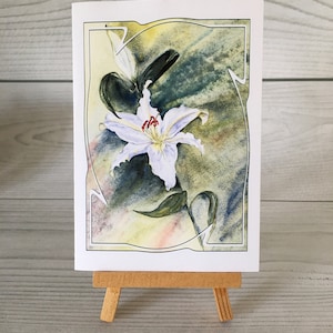 Lys blanc - pureté, carte de voeux à impression aquarelle. Anniversaire, portes ouvertes, fête des pères, Pâques ou toute autre occasion.