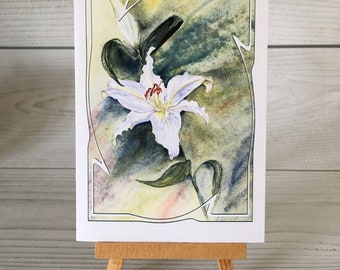 WHITE LILY - PURITY, Watercolour Print Greeting Card . Birthday, Open, Mother's Day, Easter  or any occasion.