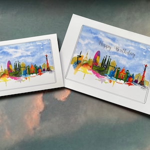 SKYLINE VON BARCELONA. Aquarell Grußkarte.  Open, Geburtstag, Vatertag, Ostern, Ihre Wahl.