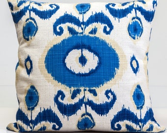 Blue Floral Ikat Pillow Cover, Linen Blend Throw Pillow