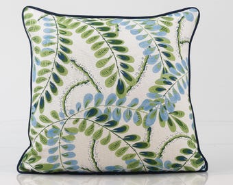 Custom order: Thibaut Augusta Pillow Cover, Blue Green Wisteria Leaves, 22x22" with self welt