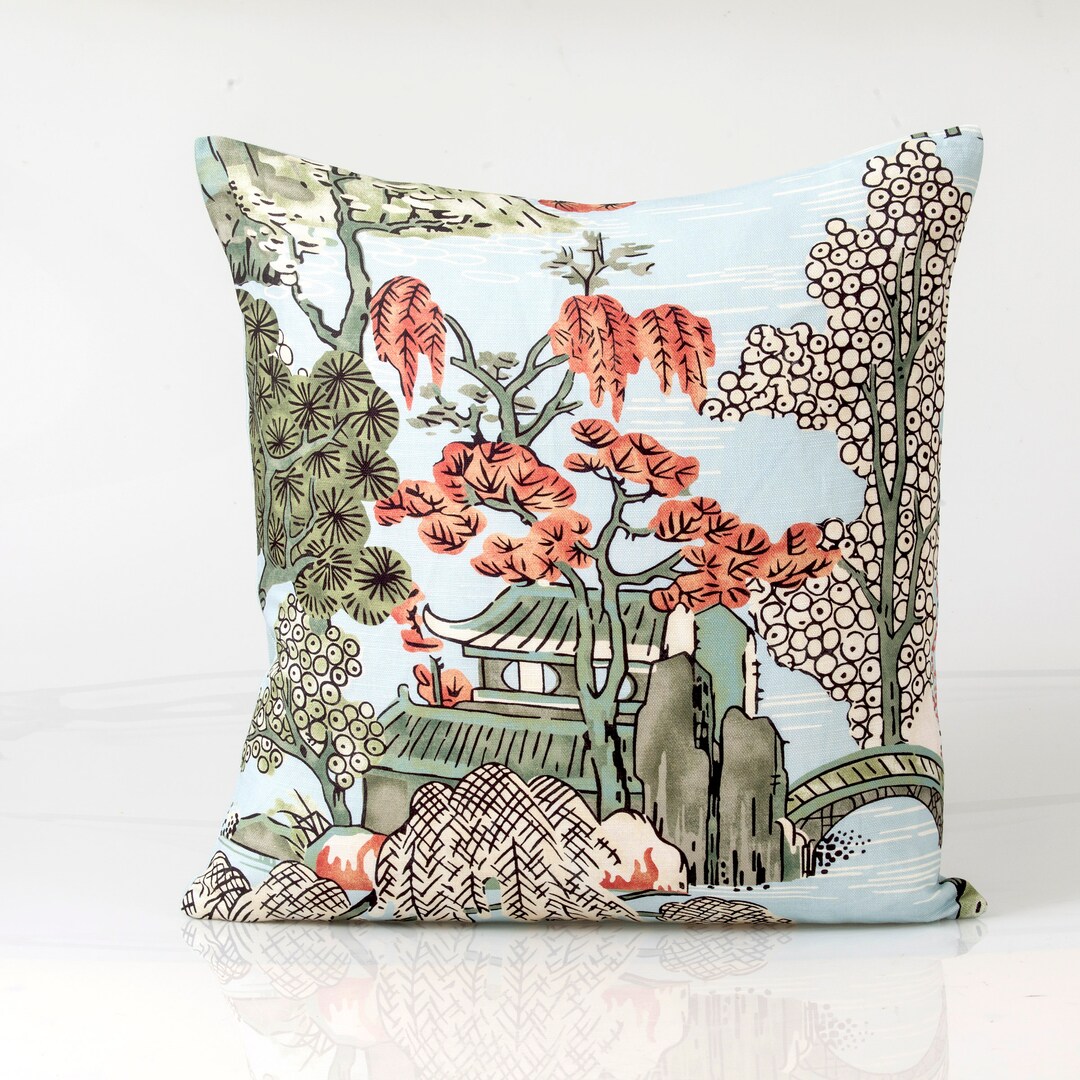 Thibaut Asian Scenic Pillow Cover, in Robin's Egg Color, Chinoiserie