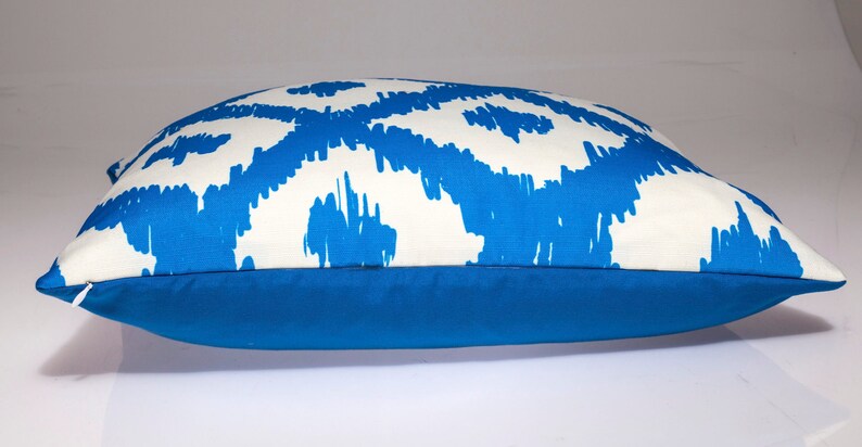 May include: A blue and white patterned throw pillow with a solid blue back. The pillow is made of a soft, comfortable fabric and has a zipper closure.