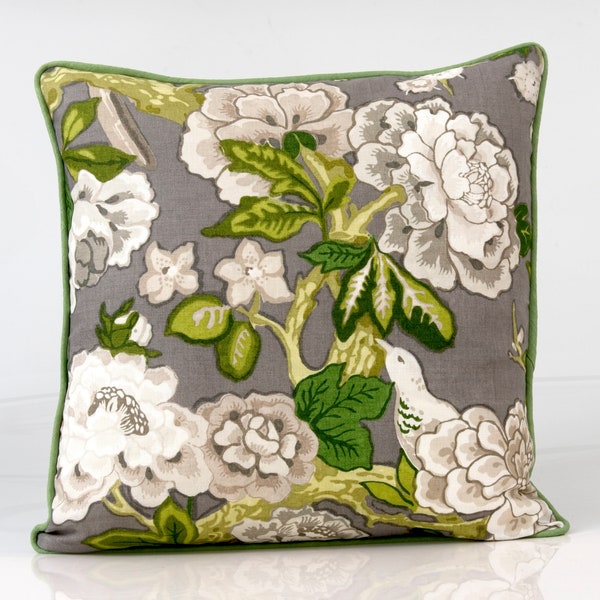 Schumacher floral pillow cover fabric, Bermuda Blossoms, gray floral pillow cover, designer pillow cover, bird pillow cover,