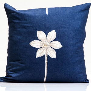 Floral pillow cover, white on navy,  decorative pillow cover, Sanderson fabric in navy,  blue throw pillow cover, blue designer pillow cover
