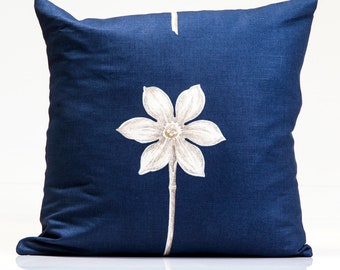Sanderson Floral Pillow Cover, White Flower on Navy, Designer Throw Pillow