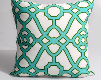 Aqua Trellis Pillow Cover, Geometric Indoor Outdoor Sofa Pillow