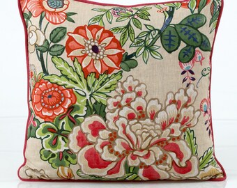 Thibaut Peony Garden Pillow Cover in Beige Designer Floral Pillow Botanical Decorative Pillow  chinoiserie design