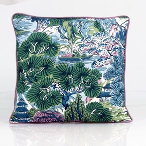 Thibaut Pagoda Trees pillow cover in lavender and blue,  chinoiserie design, Sojourn collection, blue accent pillow cover, lavender pillow