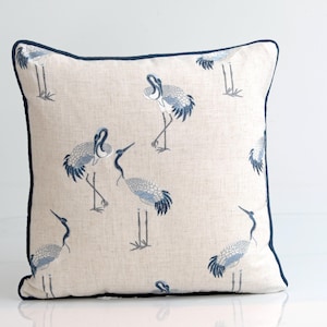Crane pillow cover, blue bird pillow cover, Greenhouse fabric, blue sofa pillow cover, embroidered pillow cover, coastal decor pillow cover