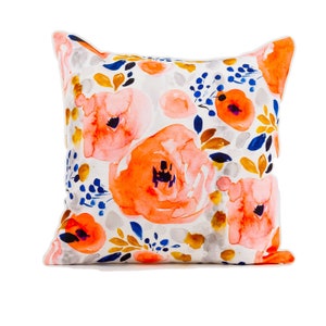 Watercolor floral pillow cover, pink, peach and blue cover, designer pillow cover, decorative pillow cover, blue pillow cover