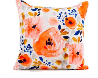 Watercolor floral pillow cover, pink, peach and blue cover, designer pillow cover, decorative pillow cover, blue pillow cover
