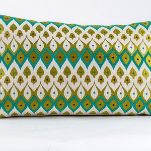Funda de almohada lumbar geométrica en verde azulado y dorado, funda de almohada de diseño, almohada decorativa