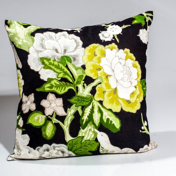 Schumacher floral pillow cover fabric ~  'Bermuda Blossoms' black and green floral pillow cover, designer pillow cover, green accent pillow,