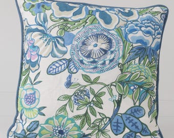 Thibaut Peony Garden Pillow Cover, Blue Green Chinoiserie Floral Accent Pillow 20x20"