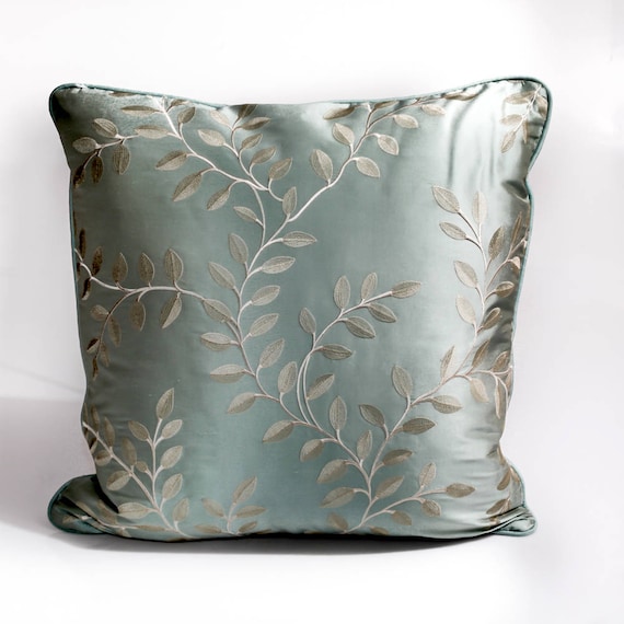 Embroidered Silk Pillow Cover: Aqua Green Vines, Luxury Home Decor