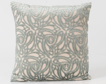 Aqua Velvet Pillow Cover: Leaf Design Accent Pillow