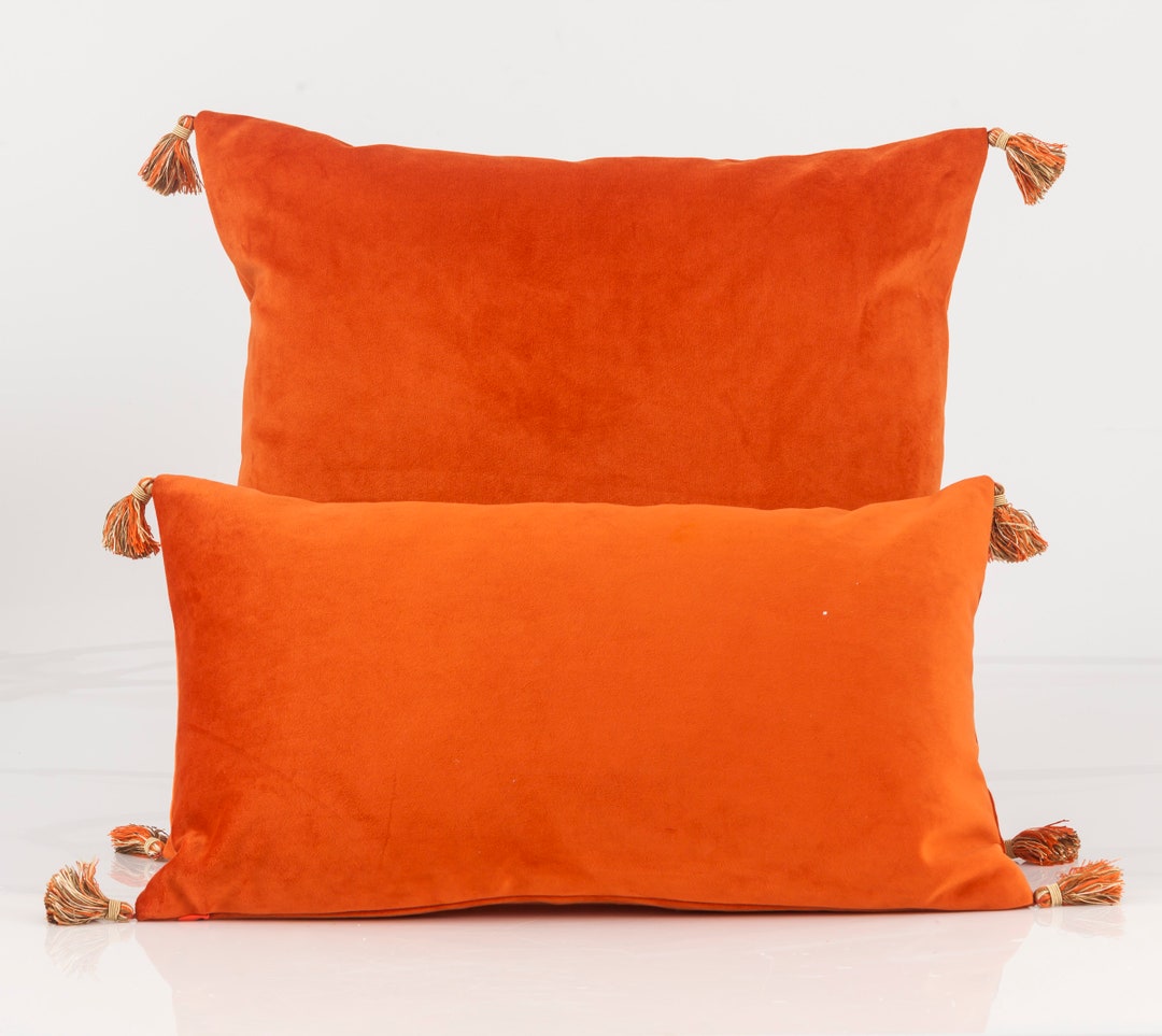 Orange Velvet Pillow Cover, Orange Lumbar Pillow Cover With Tassels