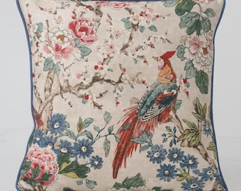 Colefax Fowler Jardine Pillow Cover, Chinoiserie Bird Linen Cushion, Red Blue Piping