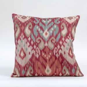 Ikat pillow cover in coral aqua and ivory, Colefax and  Fowler fabric, accent pillow cover, coral pillow cover, red tribal pillow cover