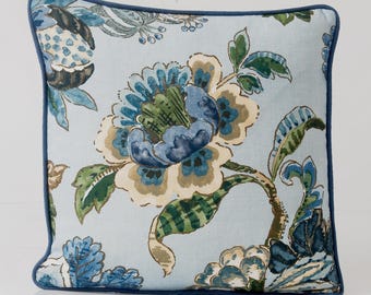 Anna French Floral Pillow Cover: Blue Linen Jacobean Print