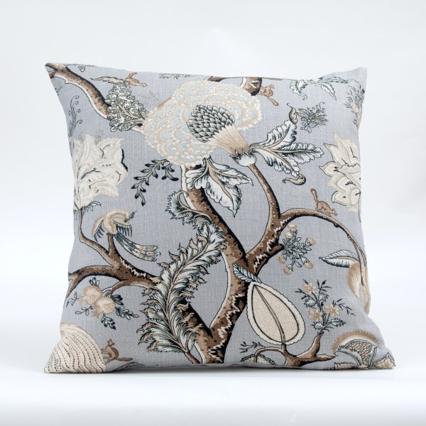 Pondicherry  pillow cover, Scalamandre fabric, blue gray floral pillow cover,  gray toss pillow cover, mineral pillow cover