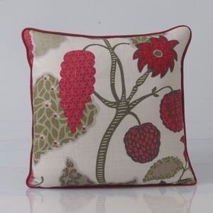 Floral pillow cover in red and green, Villa Nova fabric designer pillow cover, Decorative pillow,