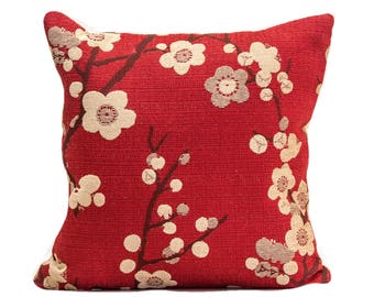 Red Cherry Blossom Pillow Cover, Tapestry Weave, Linen Back