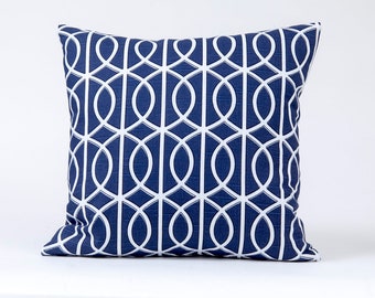 Trellis pillow cover in blue and white,  Robert Allen geometric design