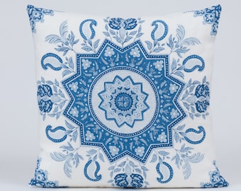 Schumacher Medallion Pillow Cover, Blue White Linen Decorative Pillow