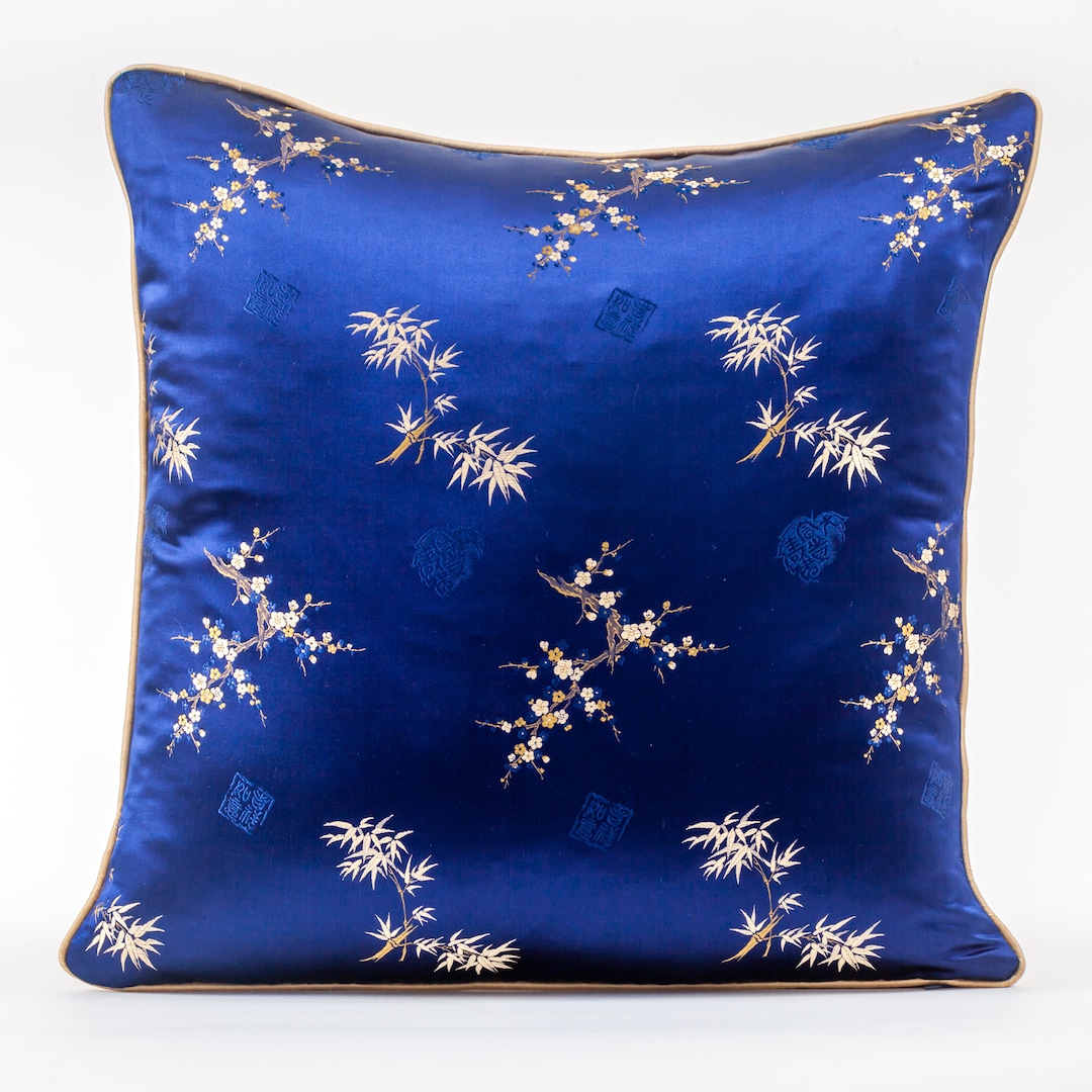 Blue and Gold Silk Pillow Cover, Chinoiserie Silk Cover, Luxury Silk