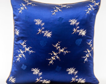 Blue Gold Silk Pillow Cover, Chinoiserie Leaves Theme (20x20)