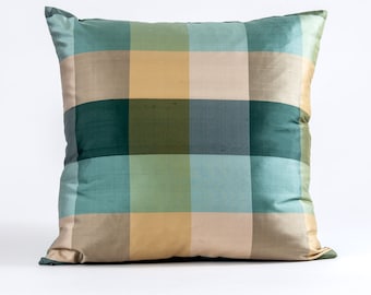 Green check silk pillow cover,  silk plaid pillow cover, designer pillow, geometric pillow cover, green Buffalo plaid pillow cover