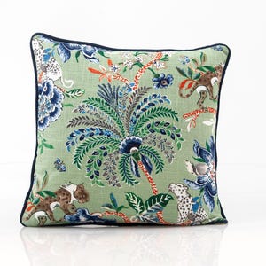 Green chinoiserie pillow cover, Colonial Williamsburg Fabric,  tropical floral green pillow cover, animal print pillow cover, lumbar pillow