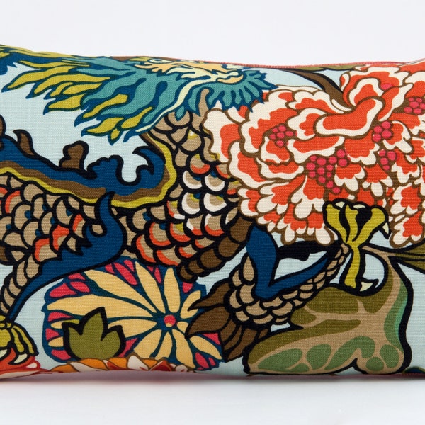 Schumacher Chiang Mai dragon pillow cover, chinoiserie fabric, lumbar  in aquamarine and orange/rust back, floral pillow cover, 12x20