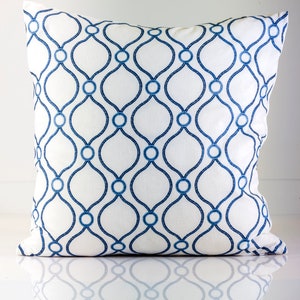 Diamond design pillow cover in blue and white, blue accent pillow cover, geometric pillow cover, embroidered pillow cover, coastal decor
