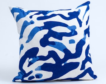 Jim Thompson Zebra Linen Pillow Cover, Blue and White Accent Pillow