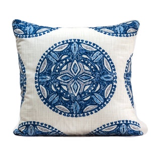 Ikat pillow cover in blue and white, Robert Allen fabric,  Medallion  pillow cover, blue and white pillow cover, tribal pillow cover