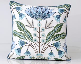 Thibaut Lotus blue and green Pillow Cover, Designer Floral Pillow, Botanical Throw Pillow, Luxury Home Decor, Custom Decorative Pillow