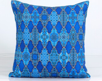 Moroccan Ogee Pillow Cover, Blue Geometric Accent, Linen Blend