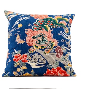 Shishi chinoiserie pillow cover, Brunschwig & Fils fabric, navy and red pillow cover, high end pillow cover, blue accent pillow cover,