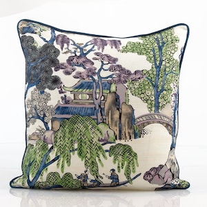 Thibaut Asian scenic pillow cover in purple and blue, chinoiserie design,  lumbar pillow cover, , purple accent pillow cover