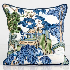 Thibaut Asian scenic pillow cover, chinoiserie design,  lumbar pillow cover,  green and blue pillow cover, blue accent pillow cover,