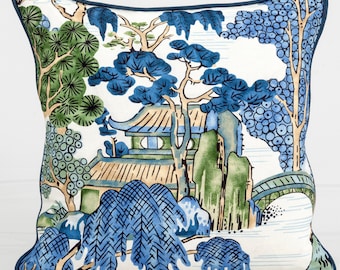 Thibaut Aziatische landschappelijke kussensloop, chinoiserie-ontwerp, lumbale kussensloop, groene en blauwe kussensloop, kussensloop met blauw accent,