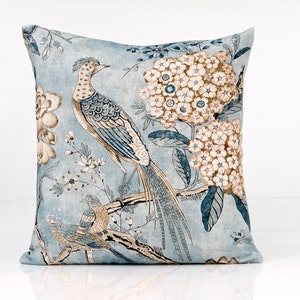Thibaut  Villeneuve pillow cover in aqua,  birds pillow cover,  high end pillow cover, blue designer pillow, floral pillow, birds pillow
