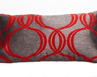 Red and gray pillow cover, Romo fabric, Designer pillow cover, red silk lumbar pillow cover, gray silk pillow cover